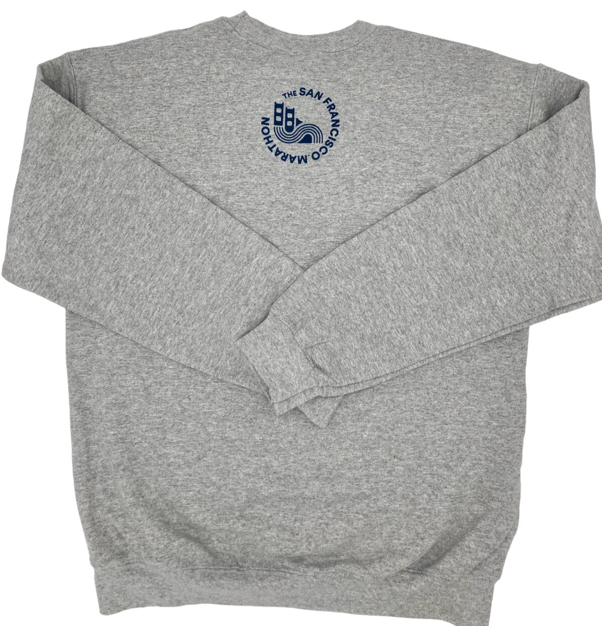 Back detail of the crewneck sweatshirt showing the San Francisco Marathon logo in navy blue at the top, centered just under the collar